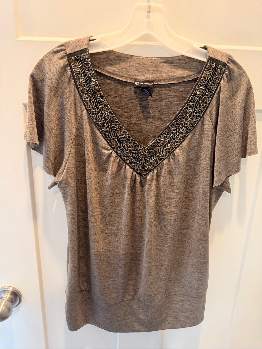 New Directions Gray Beaded V Neck Flutter Sleeve Knit Top Large